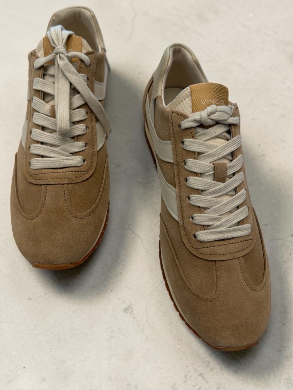 Vince Women's Tan Suede Athletic Sneakers with Cream Stripes